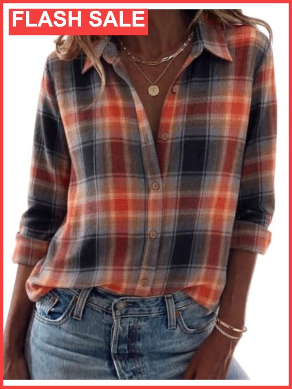 Plaid Flannel Button Down Shirt Long Sleeve Work Blouse